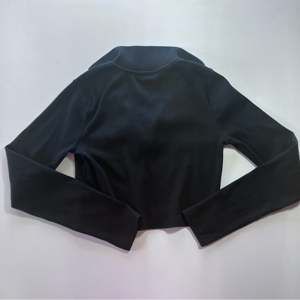 Zara Black Ribbed Knit Long Sleeve Cropped Basic Polo Top Women’s Large - Picture 4 of 8
